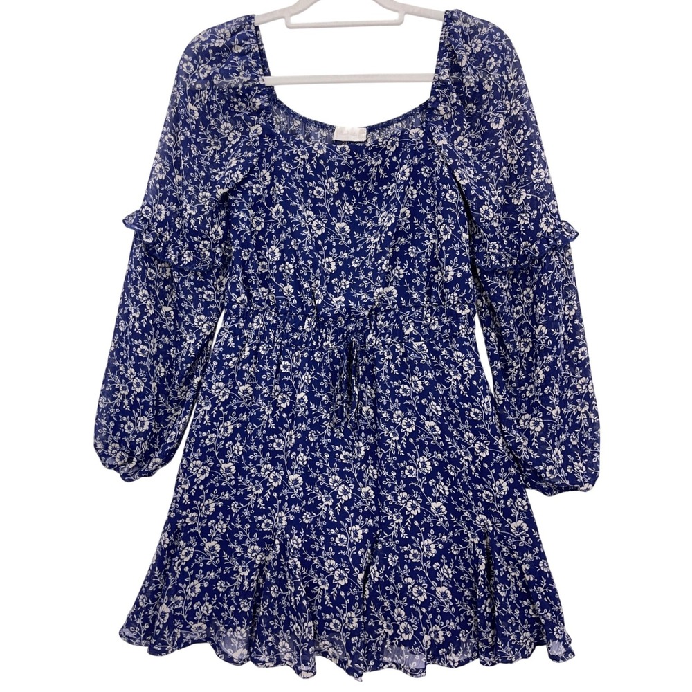 Altar'd State Blue Floral Chiffon Mini Dress M Ruffle Long Sleeve Square Neck